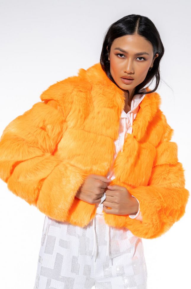 Side View Bape Orange Faux Fur Jacket
