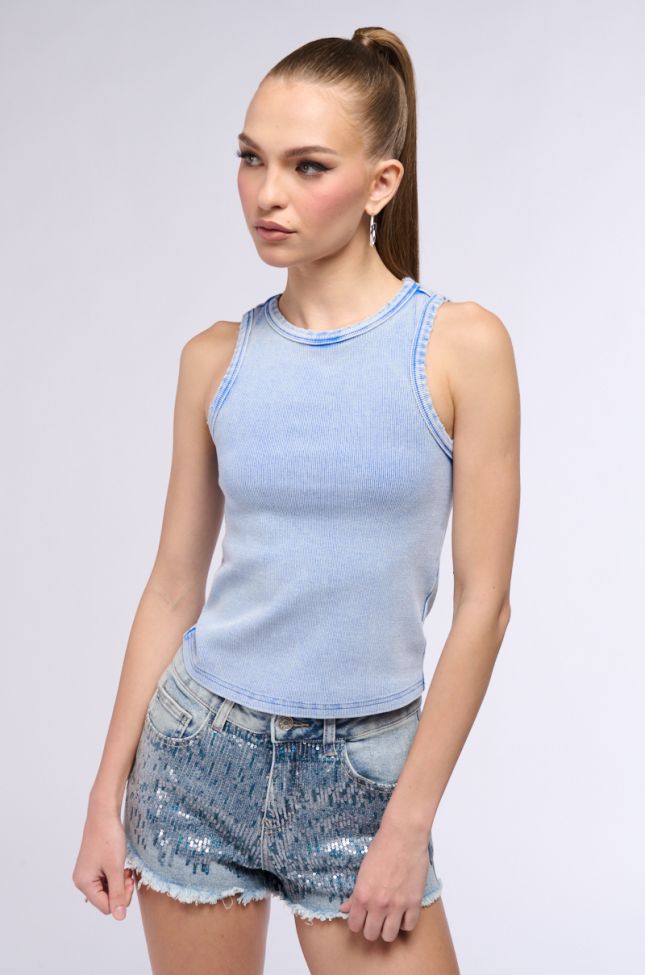 Side View Basic Distressed Mineral Wash Tank Top In Blue