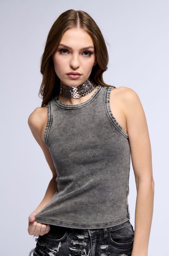 Front View Basic Distressed Mineral Wash Tank Top In Grey