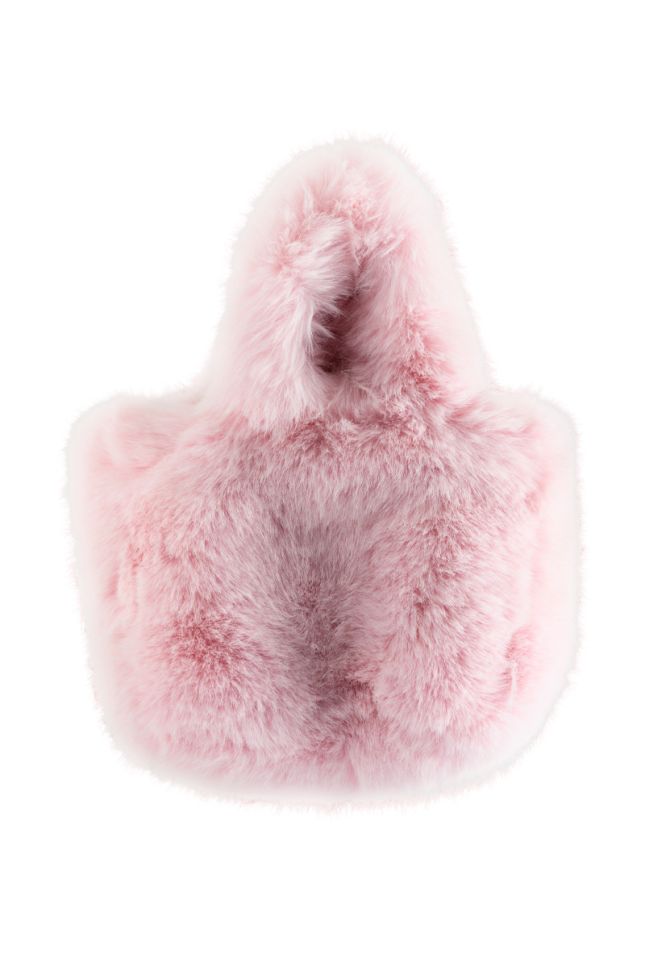 Side View Bear Hug Faux Fur Mini Tote Bag In Light Pink