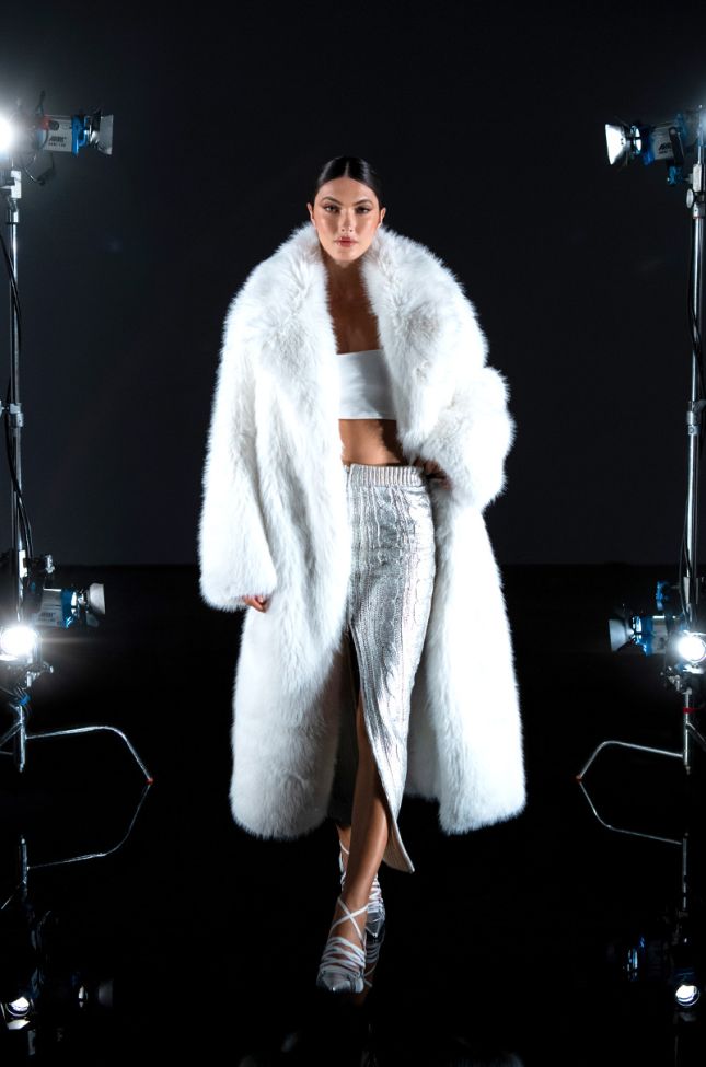 Extra View Bear Hug Longline Luxe Faux Fur Trench Coat In White