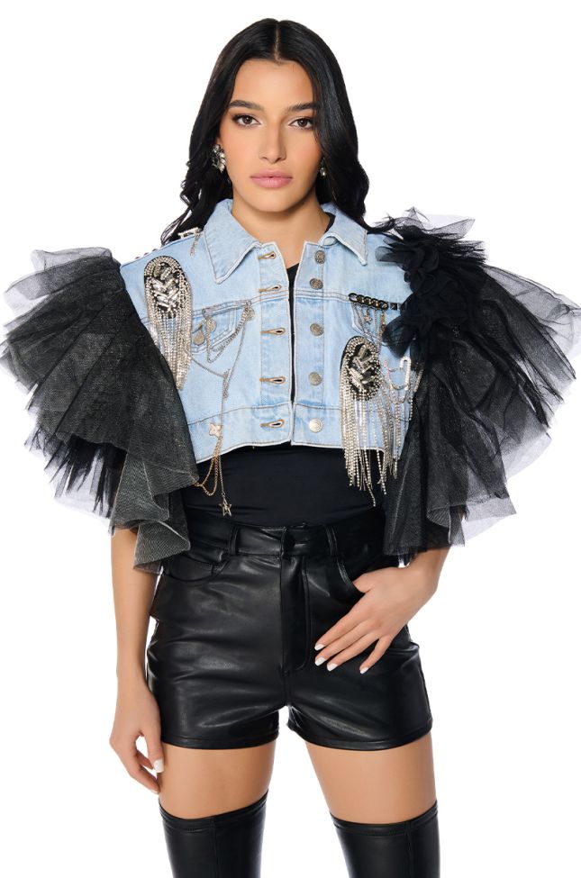 Front View Bebe Luxe Embellished Denim And Tulle Crop Vest