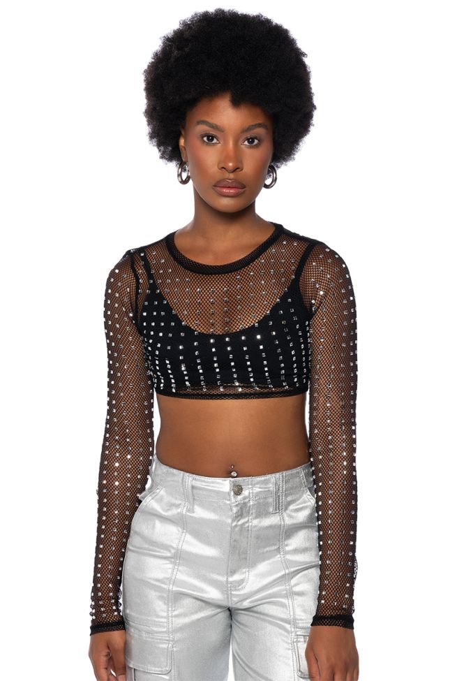 Front View Bejeweled Long Sleeve Mesh Top