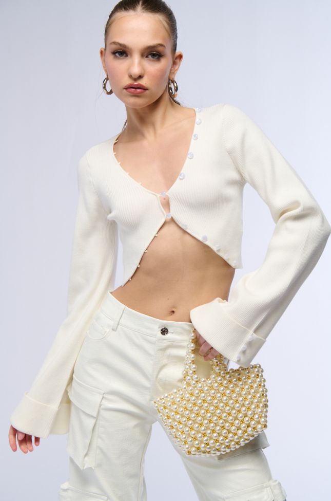 Front View Bella Long Sleeve Knit Cardigan In White