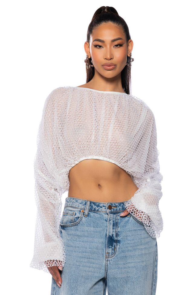 Front View Belle Long Sleeve Sequin Mesh Blouse In White
