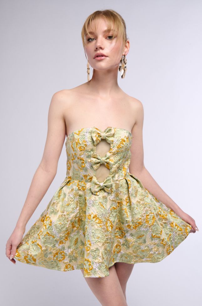 Side View Belle Of The Ball Brocade Mini Dress In Green Multi