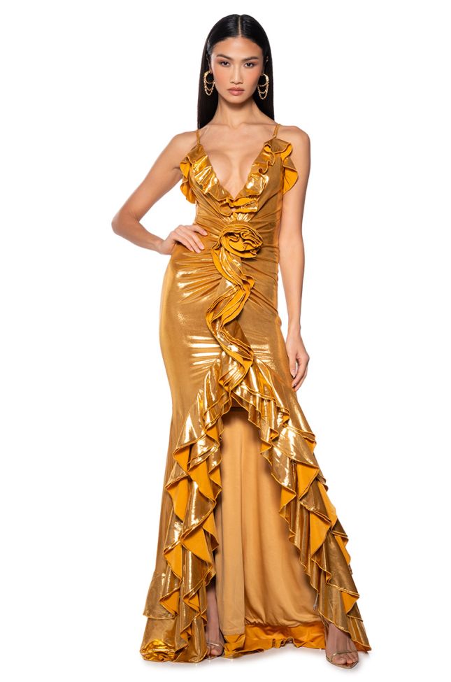 Extra View Belle Of The Ball Metallic Trumpet Maxi Dress