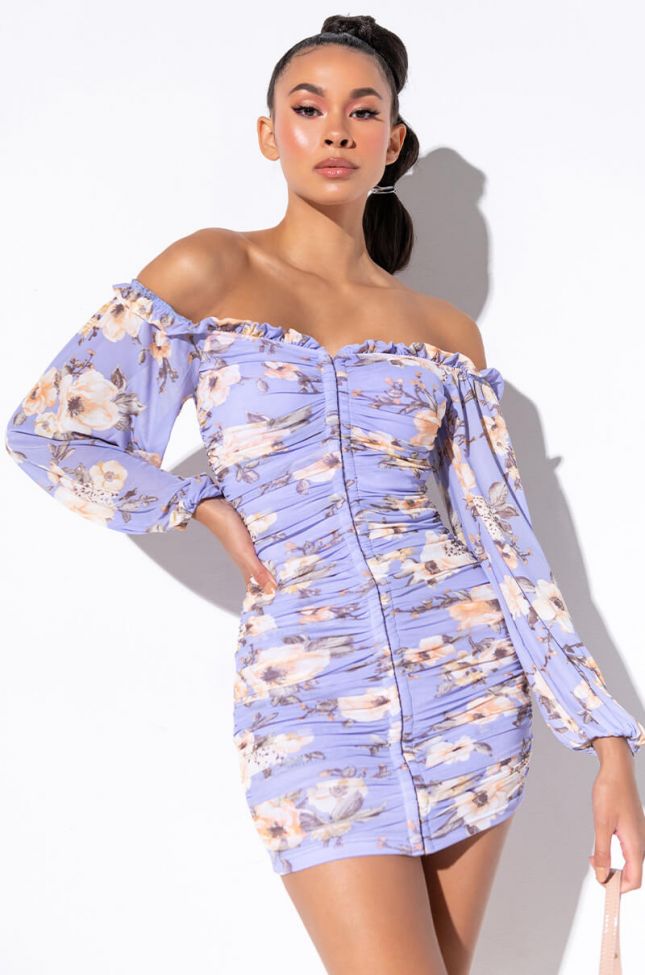 Front View Best Dressed Mini Ruched Long Sleeve Off The Shoulder Dress in Blue Floral