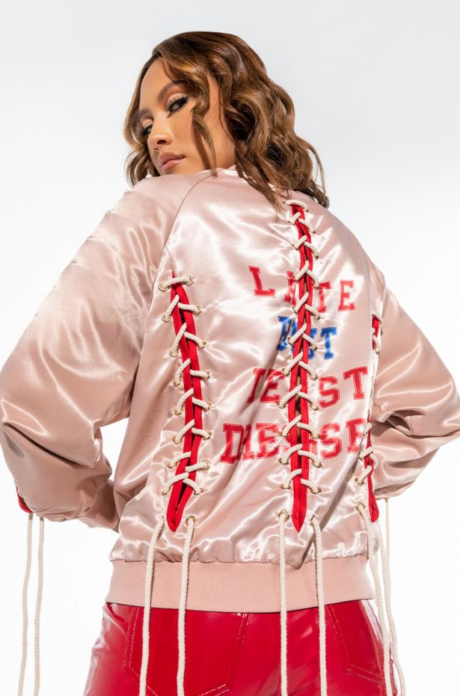 Front View Best Dressed Satin Lace Up Bomber