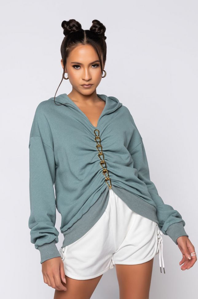 Front View Best Of Me Chain Detail Hoodie in Light Blue