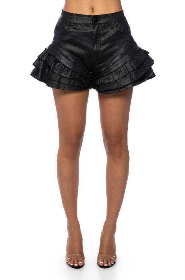Front View Bethany Ruffle Mini Faux Leather Short