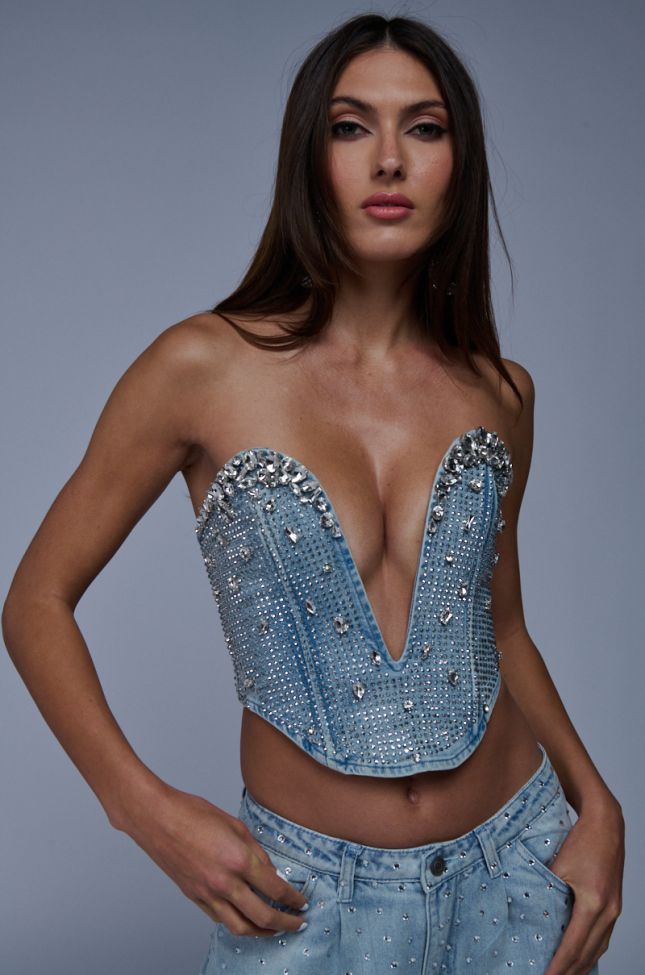Front View Better Be Embellished Denim Bustier Top