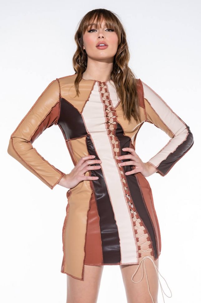 Front View Better For It Faux Leather Patchwork Mini Dress
