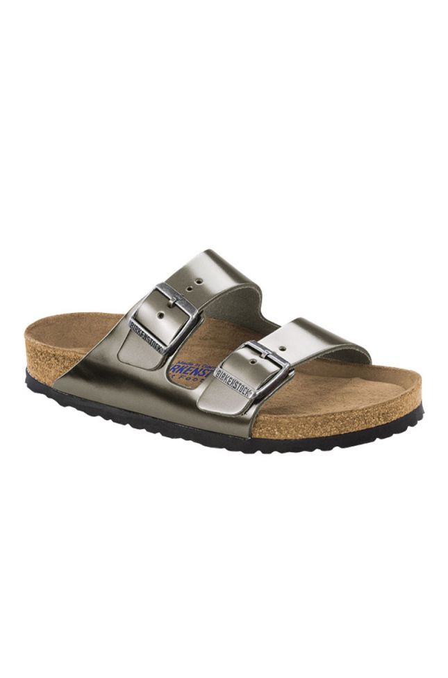 Side View Birkenstock Arizona Soft Footbed Leather Narrow Sandal in Metallic Anthracite