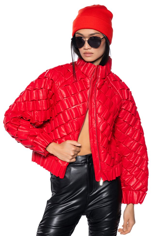 Front View Birthday Collection Pu Weave Puffer Bomber In Red