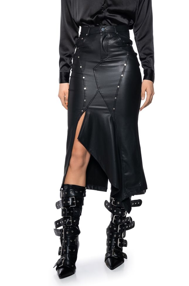 Front View Bite Me Asymmetrical Faux Leather Midi Skirt