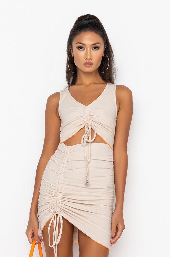 Front View Bitty From The Bloc Ribbed Cut Out Dress in Light Brown