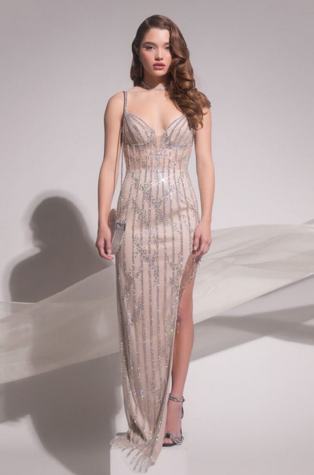 Side View Black Label Cover Me In Diamonds Beaded Maxi Dress in Silver