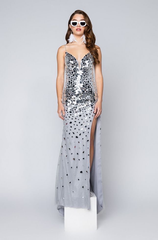 Full View Black Label Hand Sewn Mirror Maxi Gown in Silver