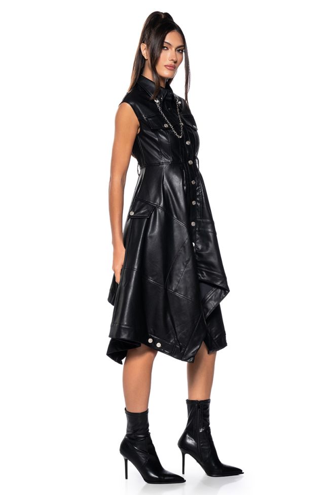Front View Blaire Flared Faux Leather Mini Dress