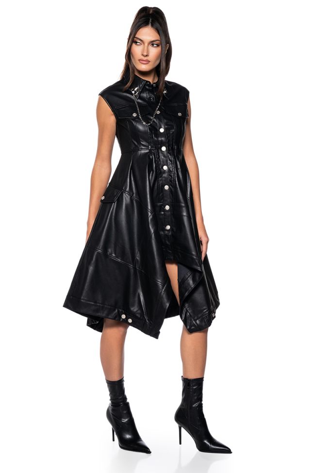 Front View Blaire Flared Faux Leather Mini Dress