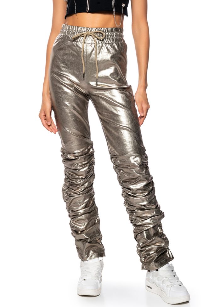 Front View Blinding Lights Ruched Metallic Faux Leather Jogger