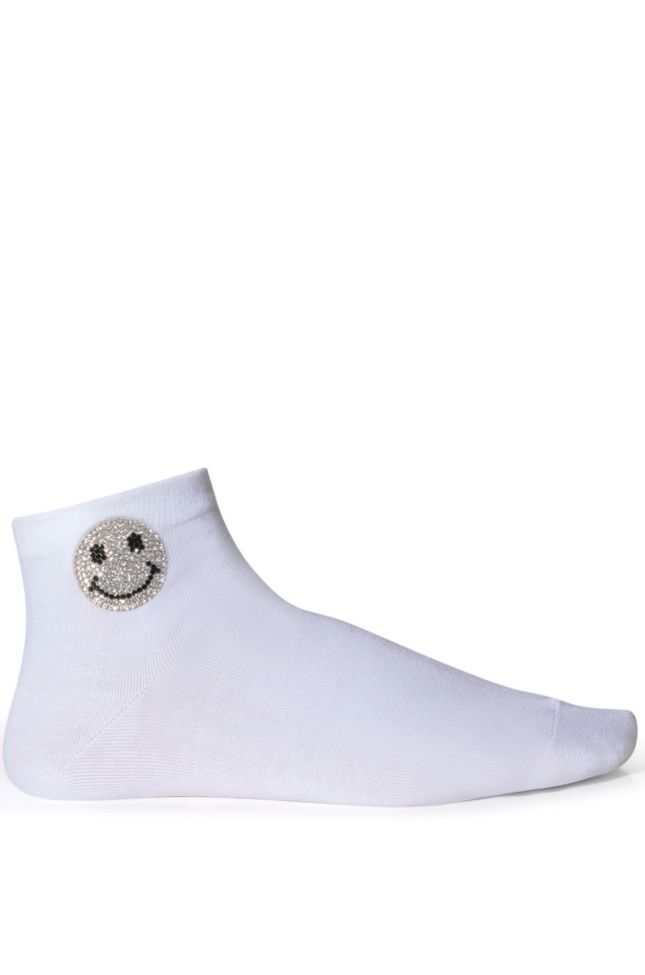 Side View Bling Smiley Face Socks In White