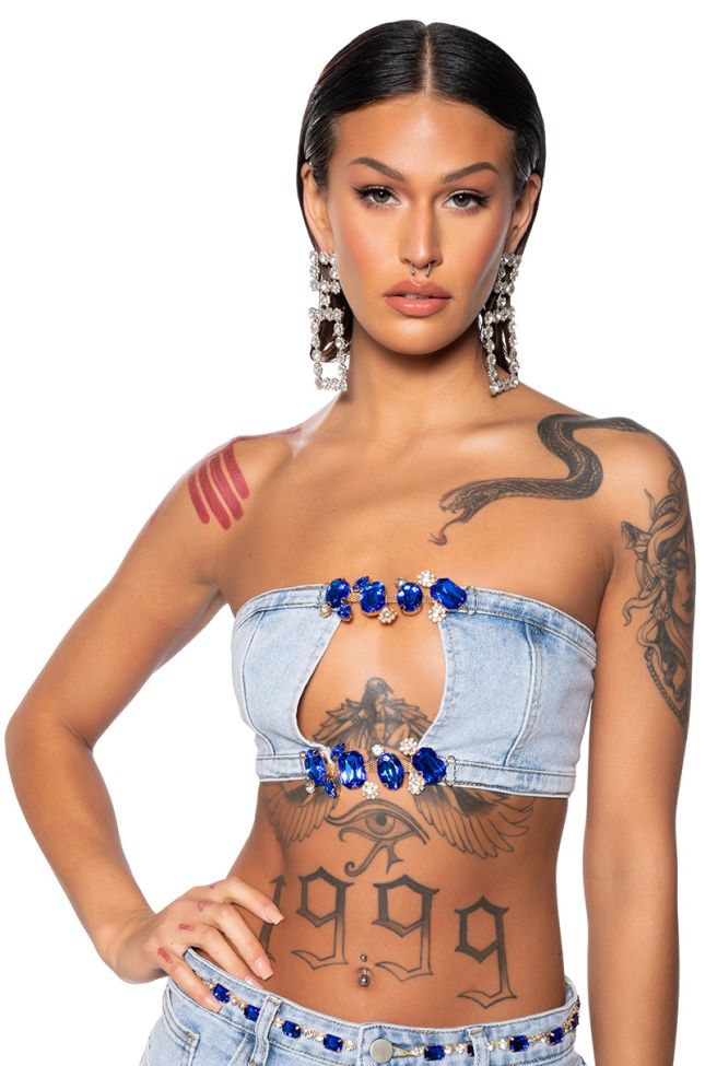 Front View Blinged Out Cut Out Denim Bandeau Top