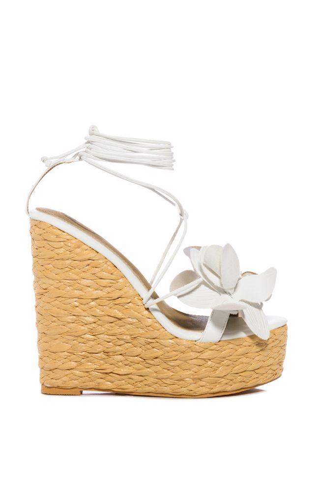Back View Bloomy Flower Lace Up Wedge Sandal In White