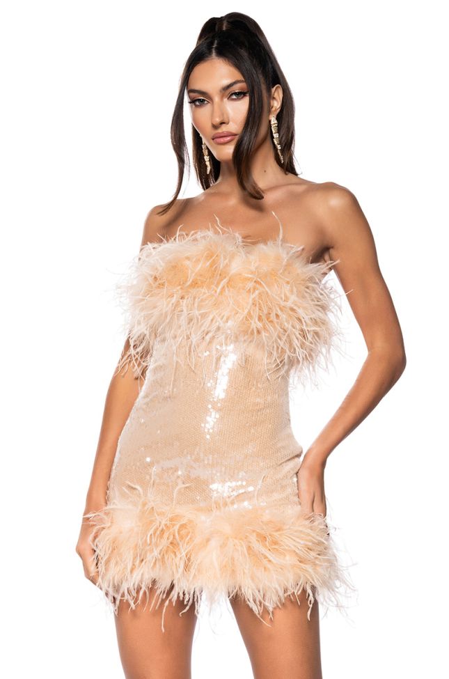 Front View Bon Anniversaire Feather Trim Sequin Mini Dress In Beige