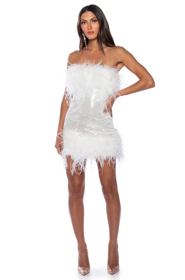 Back View Bon Anniversaire Feather Trim Sequin Mini Dress In White