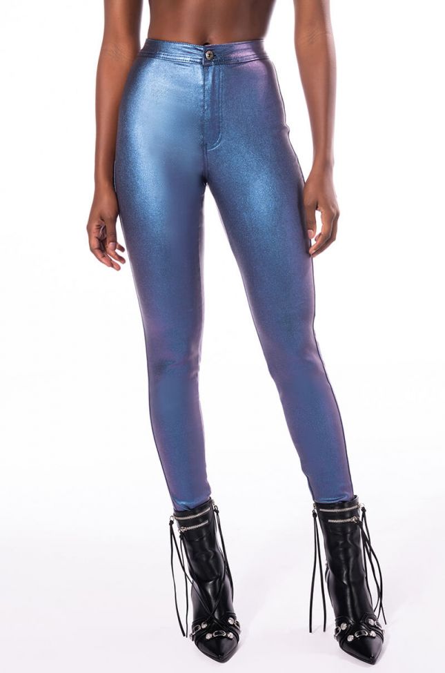 Front View Born To Shine Metallic Skinny Pants In Blue