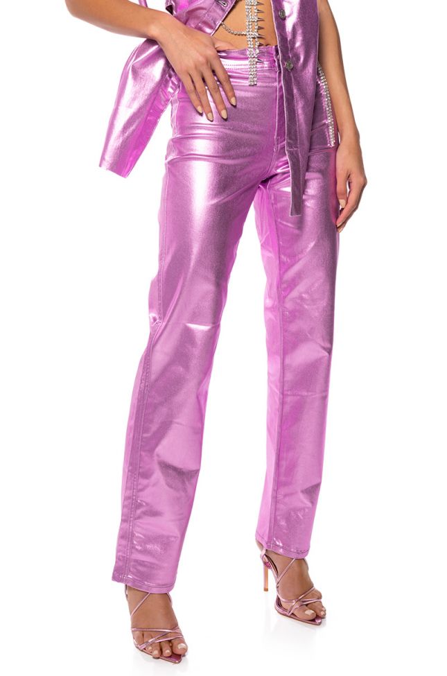 Front View Born To Shine Metallic Straight Leg Pants In Pink