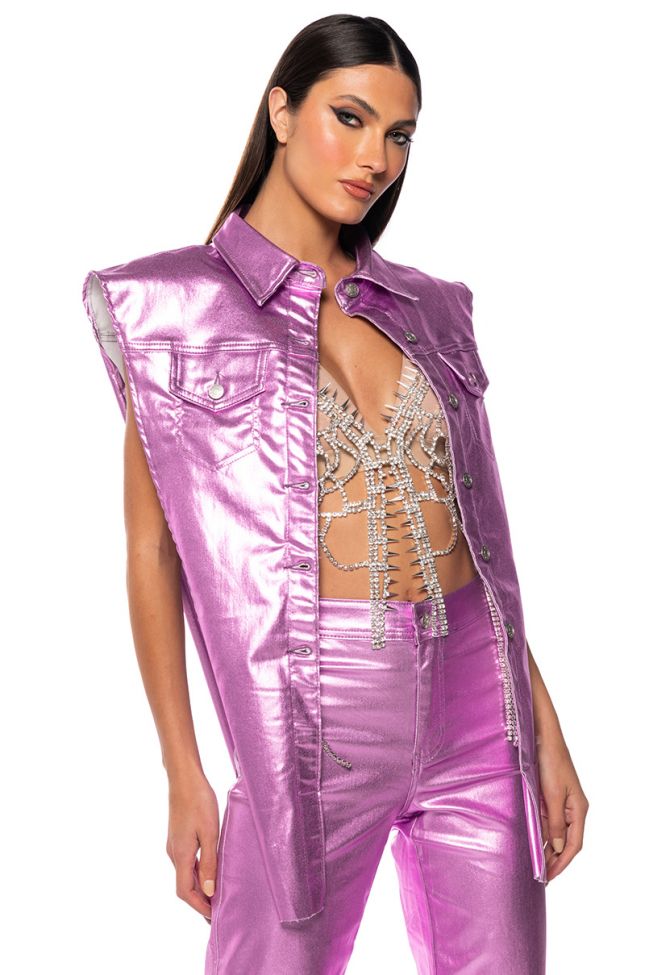 Side View Born To Shine Metallic Vest Top In Pink