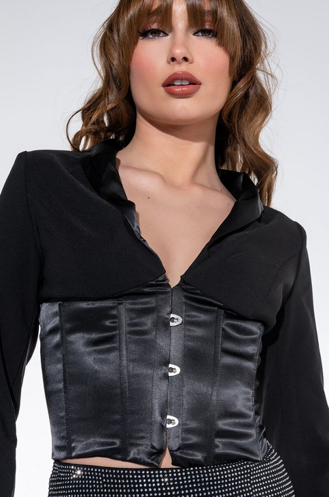 Front View Boss Queens Only Collared Satin Corset Top