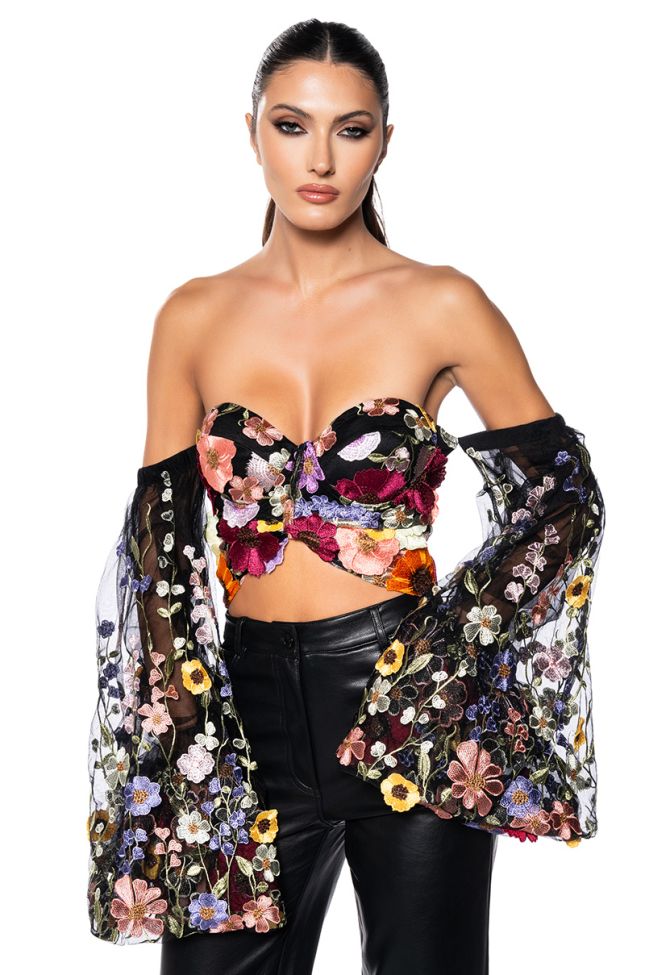 Front View Botanical Beauty Cropped Sheer Sleeve Top