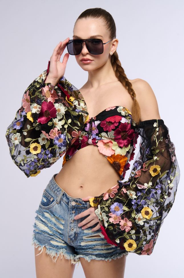 Back View Botanical Beauty Cropped Sheer Sleeve Top