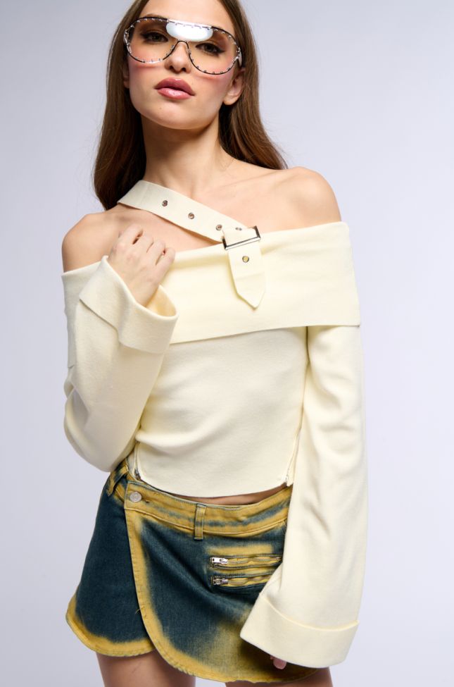 Front View Boujee Girl Off The Shoulder Zipper Sweater Top