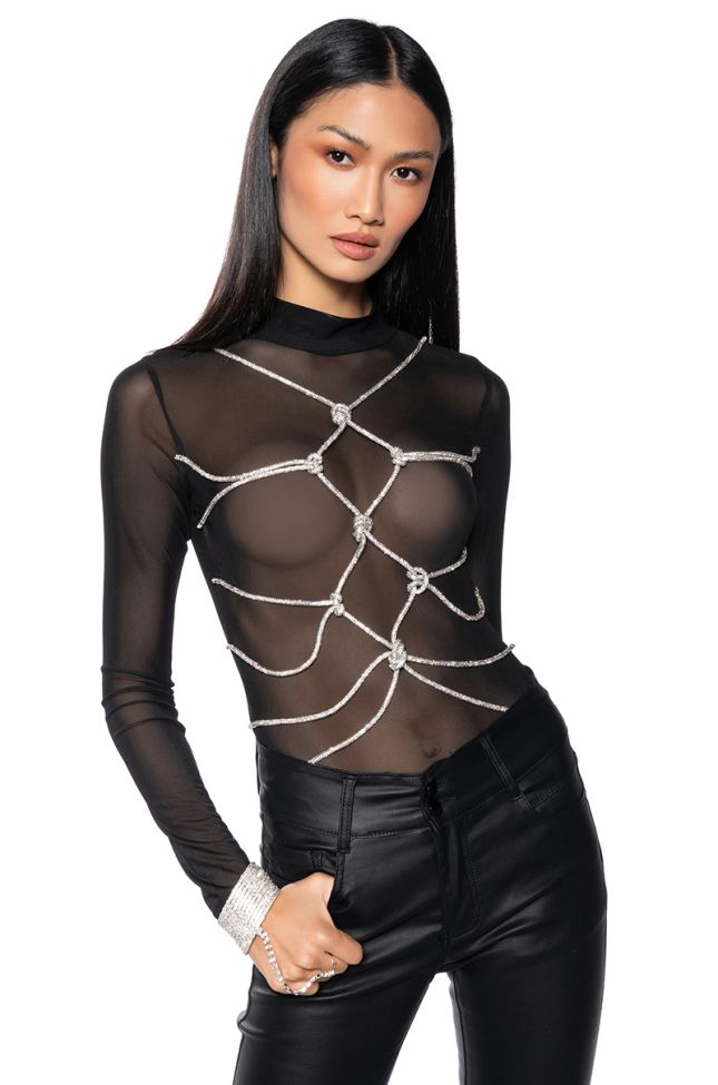 Front View Bout Time Rhinestone Rope Mesh Bodysuit