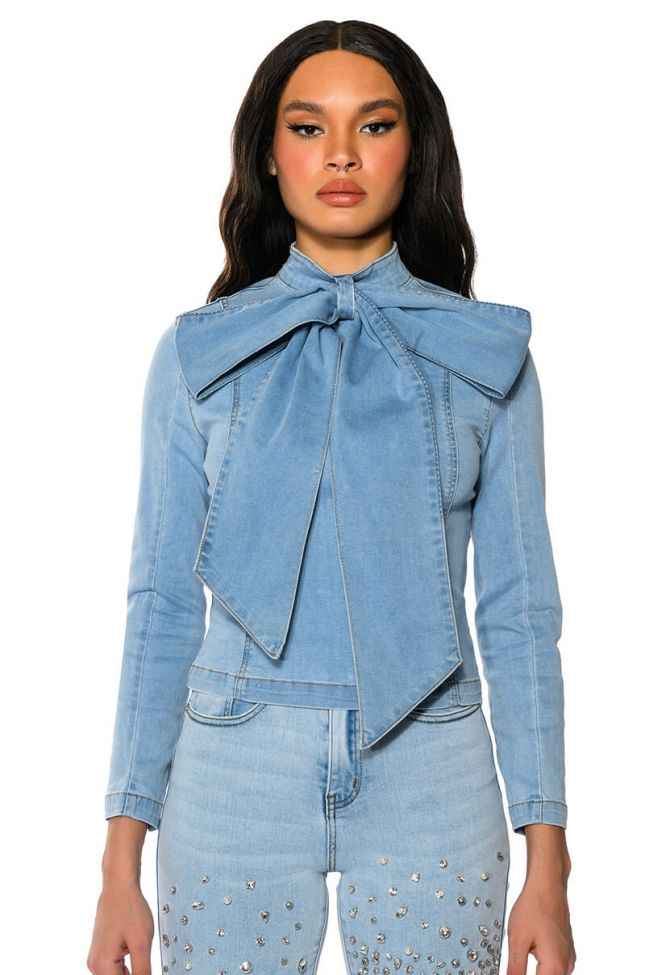 Front View Bow Down Bish Denim Long Sleeve Top