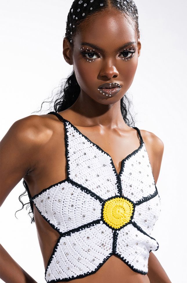 Front View Brighter Days Embellished Crochet Crop Top