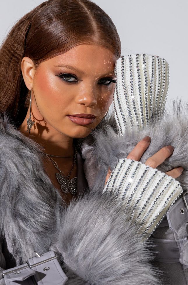 Front View Bring Me Up Rhinestone Fingerless Gloves