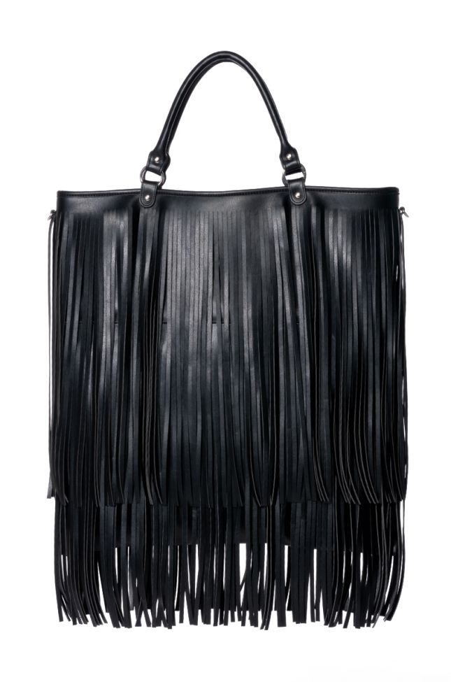 BRING THE ACTION OVERSIZED FAUX LEATHER FRINGE TOTE