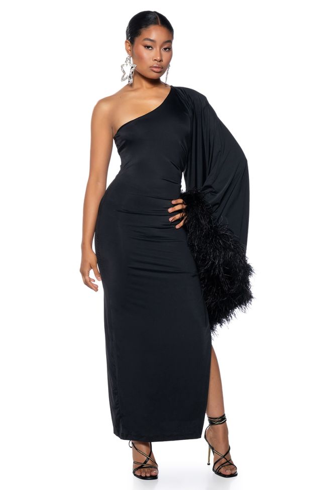 Front View Bring The Drama One Sleeve Feather Dress