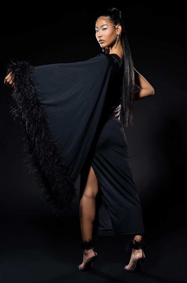 Side View Bring The Drama One Sleeve Feather Maxi Dress