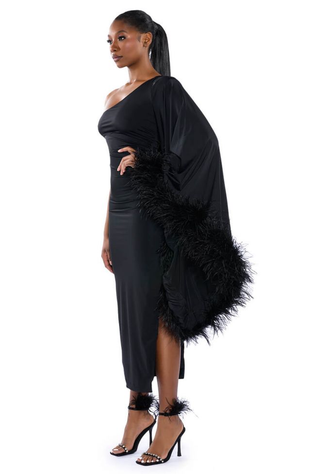 Back View Bring The Drama One Sleeve Feather Maxi Dress