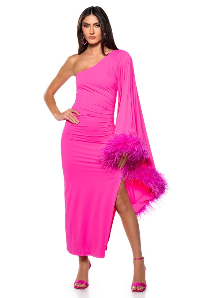 Front View Bring The Drama One Sleeve Feather Maxi Dress