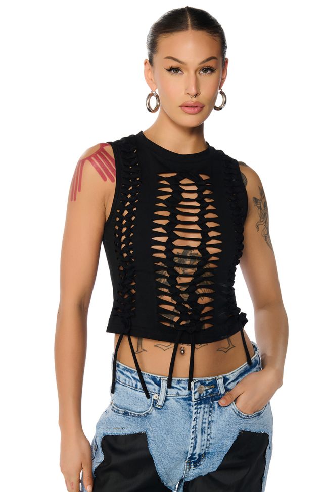 Front View Brittini Distressed Knotted Tank Top