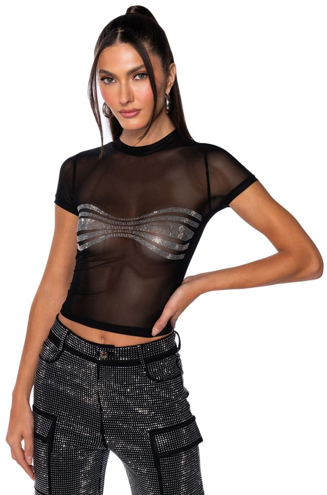 Front View Brooklyn Embellished Mesh Crop T Shirt