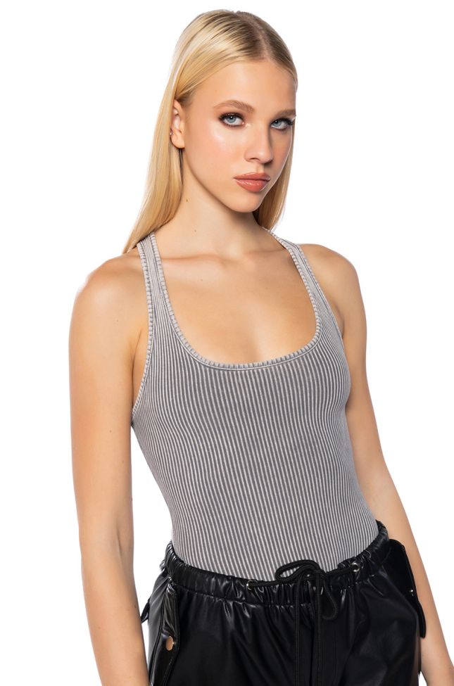 Front View Brooklyn Mineral Wash Scoop Neck Bodysuit In Light Grey